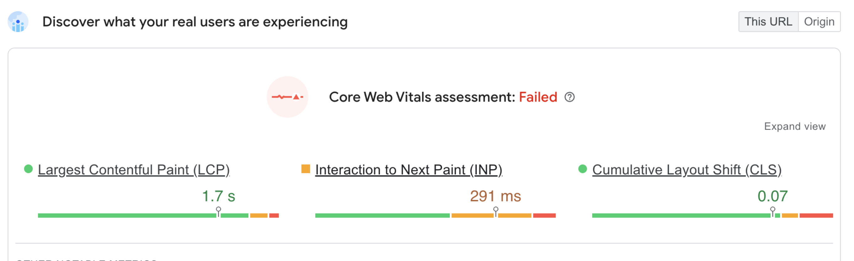 Screenshot of Remote Rocketship's bad INP score on pagespeed.web.dev